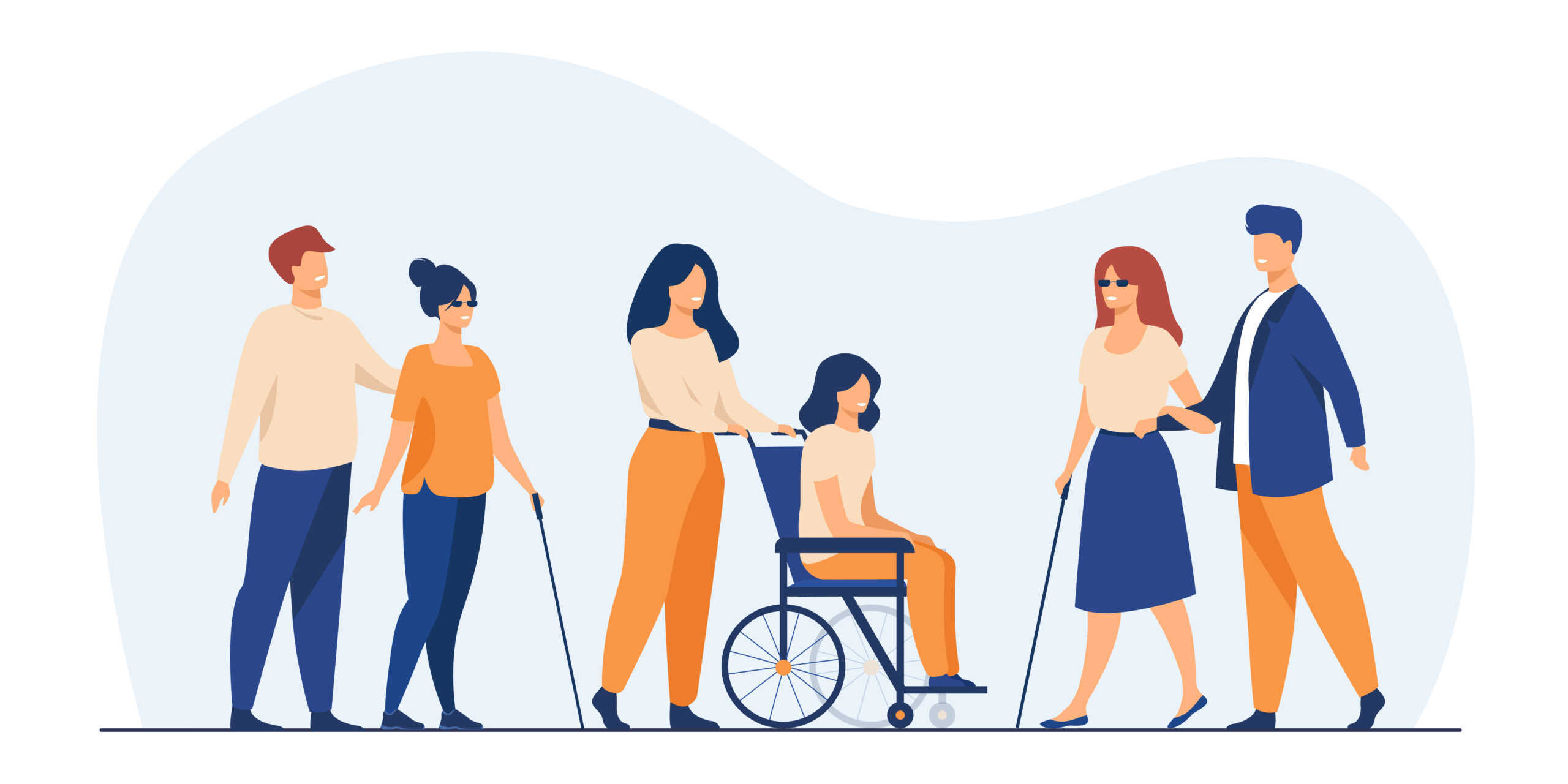 Volunteers helping disabled friends in outdoor walking Disabilità